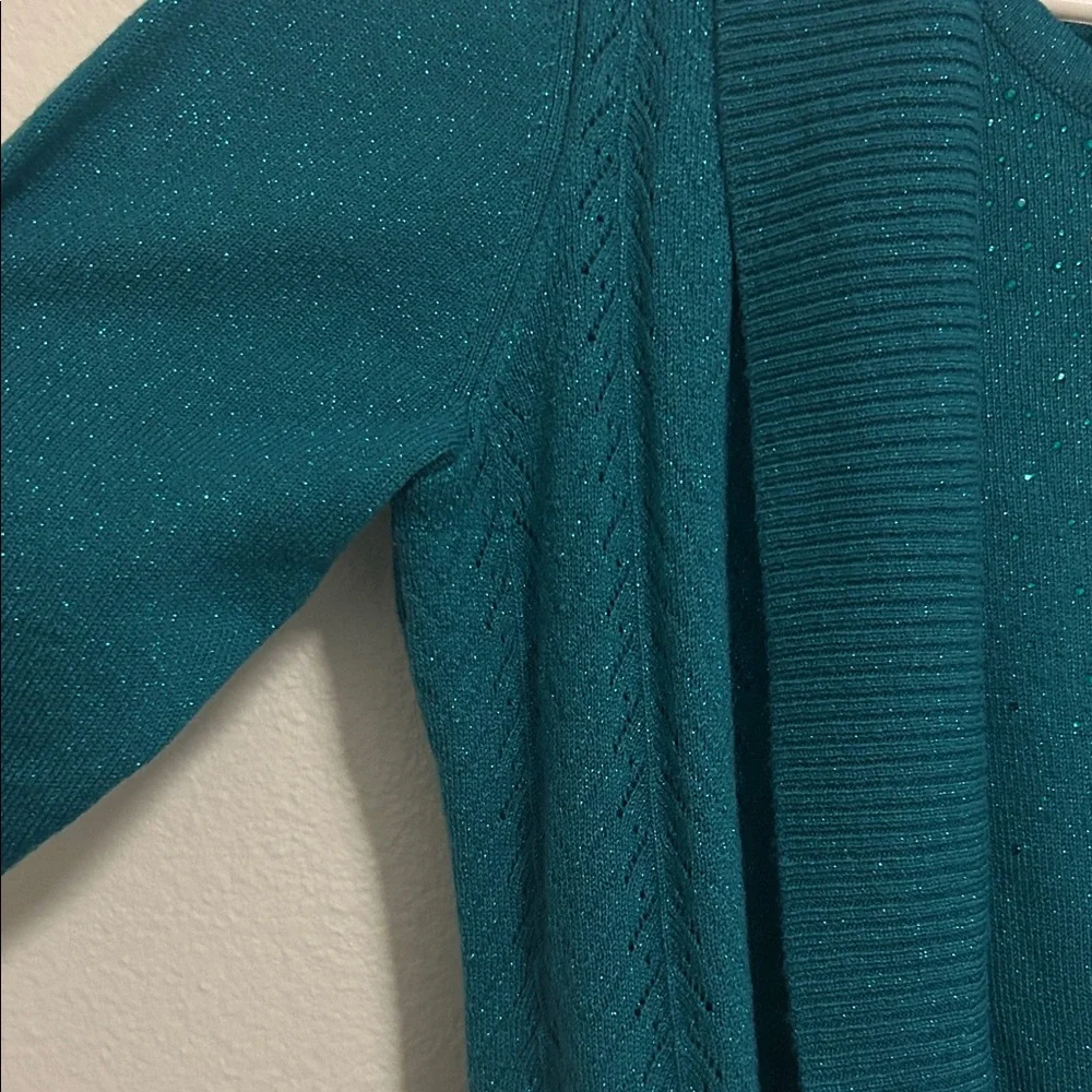 Shimmering Rhinestone Teal Sweater Cardigan Sweater - Picture 7 of 7